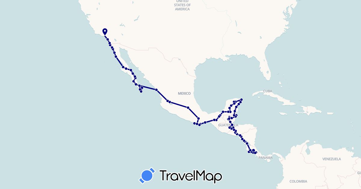 TravelMap itinerary: driving in Belize, Costa Rica, Guatemala, Honduras, Mexico, Nicaragua, El Salvador, United States (North America)